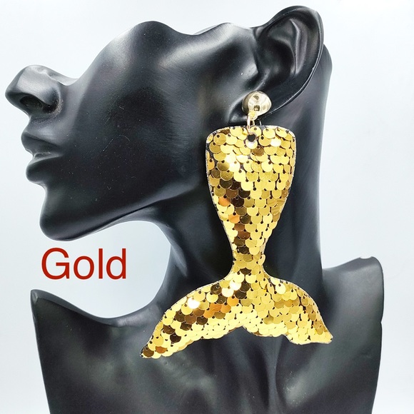 Creative Reflective Sequins Mermaid Tail gold post long Earrings for single ear - Picture 9 of 16